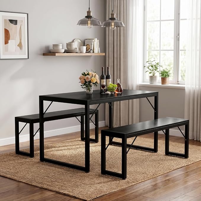 Bealife Dining Table Set for 4 with Metal Frame and MDF Board - Black | Space Saving Kitchen Table with 2 Benches, Kitchen Table Set for Apartment, Dining Room, Breakfast Nook