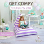 Butterfly Craze Bean Bag Chair Cover, Functional Toddler Toy Organizer, Fill with Stuffed Animals to Create a Jumbo, Comfy Floor Lounger for Boys or Girls, Stuffing Not Included, Purple Stripes