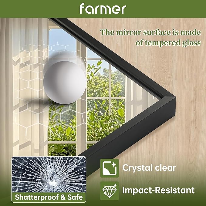 FARMER 24x32 Inch Black Bathroom Mirror, Rectangle Wall Mounted Mirror, Vanity Mirror, Brushed Square Mirror, Framed Bathroom Mirror for Bedrooms, Entryways, Living Rooms, Horizontal/Vertical