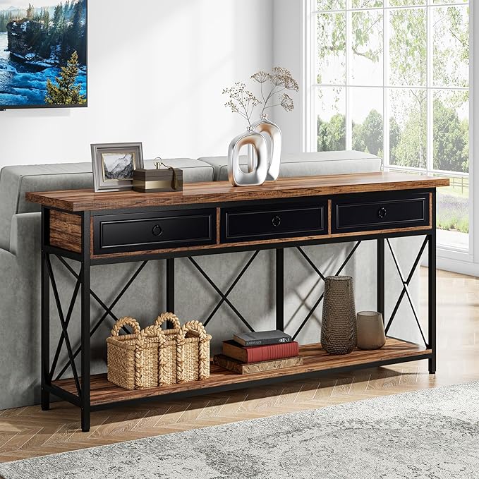 Tribesigns 70.8" Console Table with 3 Drawers, Farmhouse Entryway Table with Storage Shelf, Narrow Long Sofa Foyer Table for Entryway, Hallway (Brown/Black)