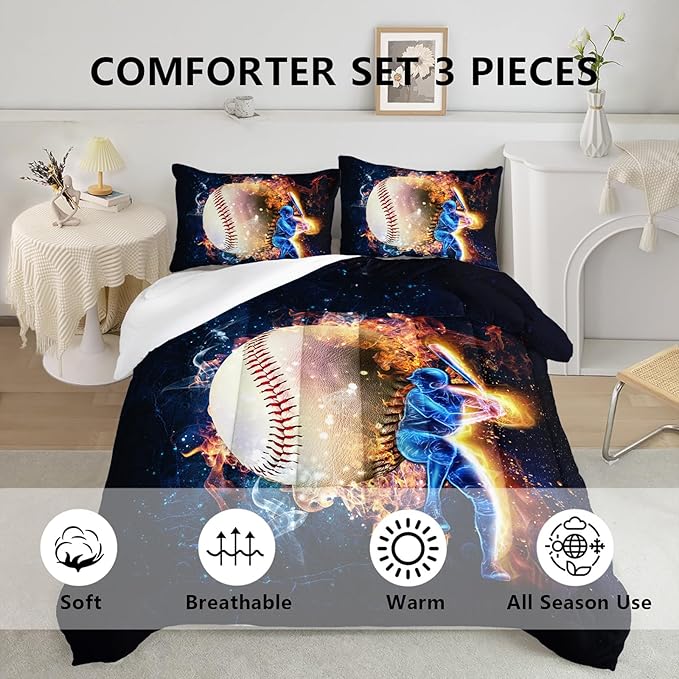 Axolotl 3D Baseball Comforter Set Full,Sports Bedding,Red Blue Water Fire Comforter Set,Sports Baseball Loveer Bedding Set,Sport Game Comforter for Kids Boys Teens Adults,1 Quilt 2 Pillowcases