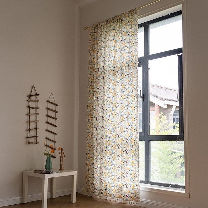 Sutuo Home Boho Curtain Semi-Blackout Colorful Florals Print Cotton Linen Fabric, Handmade Tassels Rod Pocket Bohemian Farmhouse Country Window Drapes for Living Bedroom, 59" W x 84" L, 1 Panel