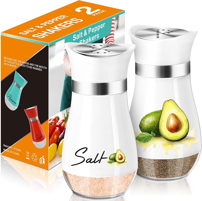 Avocado Salt and Pepper Shakers - 4 oz Glass Set with Stainless Steel Lids | Avocado Design with Glass Bottoms and Stainless Steel Lids Adds Playful Style to Kitchens and Makes Refilling Easy.