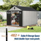 Domi 8×10ft Outdoor Resin Storage Shed - 482+ Cubic Ft Weatherproof Double-Wall Yard Shed with Skylight, Lockable Door and Carpet, Heavy-Duty Steel Frame Storage Building for Lawn Mower, Bike, Tools