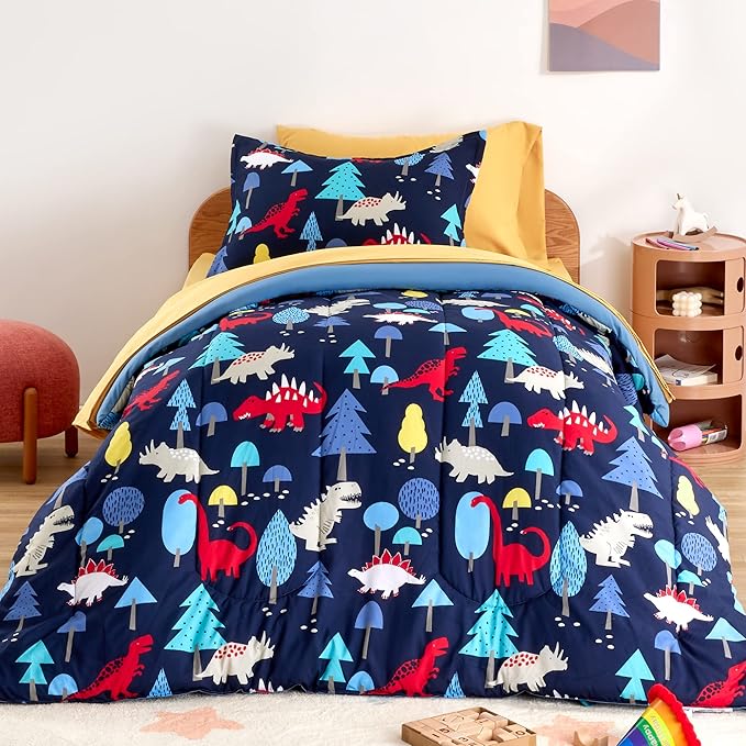SLEEP ZONE Kids Bedding Comforter Set Full/Queen Size - Super Cute & Soft Kids Bedding 7 Pieces Set with Comforter, Sheet, Pillowcase & Sham (Dinosaur Land)