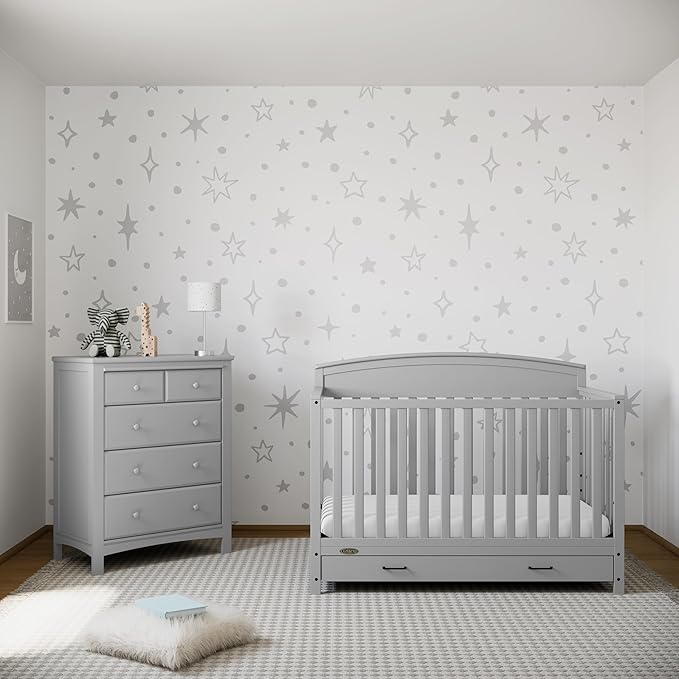 Graco Benton 5-in-1 Convertible Crib with Drawer (Pebble Gray) -Converts from Baby Crib to Toddler Bed, Daybed and Full-Size Bed,Fits Standard Full-Size Crib Mattress, Adjustable Mattress Support Base