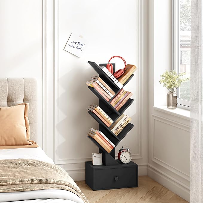 7 Tier Tree Bookshelf with Drawer, Tree Bookcase with Storage, Modern Floor Standing Bookshelves Organizer for Bedroom, Living Room, Home Office, Black