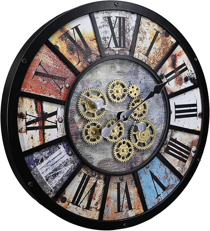 Unique Moving Gear Extra Large Wall Clock 21"-Battery Powered. Retro Industrial Steampunk Country Farmhouse Decor for Living Room, Kitchen,Bars, Restaurants, cafes, Offices(Black- 21")