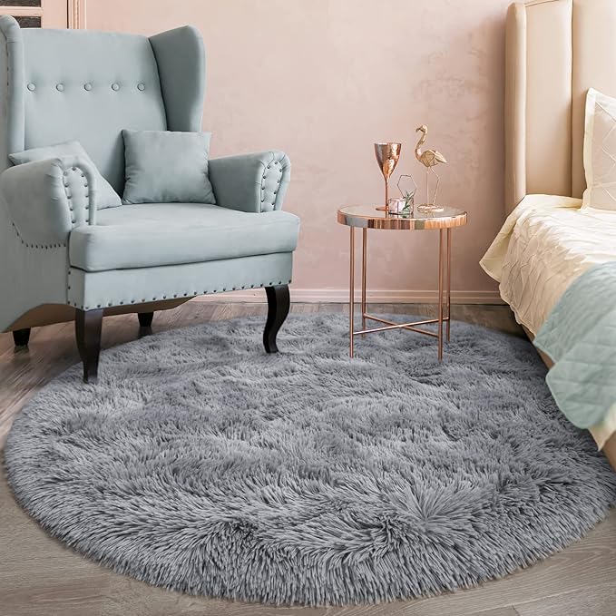 Grey Round Rug for Bedroom, Super Fluffy Circle Rugs for Baby Nursery, 4'X4' Feet Furry Carpet for Children Kids Room, Cute Soft Shaggy Rug for Girls Home Decor, Fuzzy Plush Carpets for Dorm