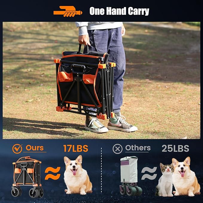 EchoSmile Collapsible Folding Wagon Cart 360lbs, Heavy Duty Garden Utility Cart with All Terrain Wheels, Large Capacity Outdoor Wagon for Camping, Beach, Shopping, Picnic (Black Orange)