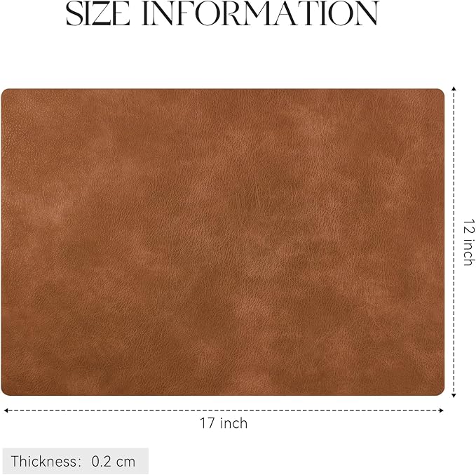 MOSAYT Vinyl Placemats Set of 8-12 X 17 Inch - Faux Leather 100% Waterproof Oil-Proof Wipeable PU Place Mats, Heat Resistant Reversible Table Mats for Kitchen, Dining, Outdoor, Reddish Brown