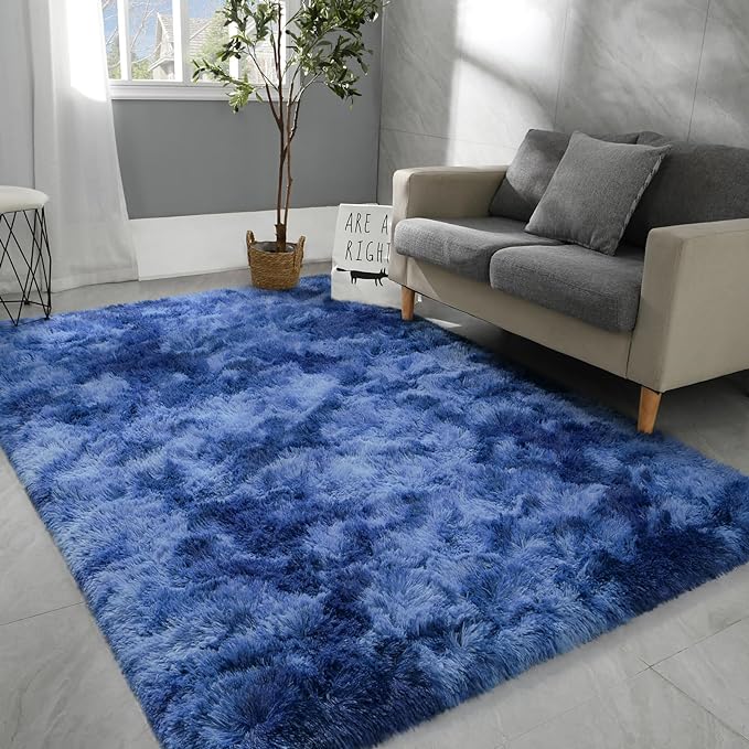 4x6 Large Area Rugs for Living Room, Super Soft Fluffy Modern Bedroom Rug, Tie-Dyed Navy Blue Indoor Shag Fuzzy Carpets for Girls Kids Nursery Room Home Decor