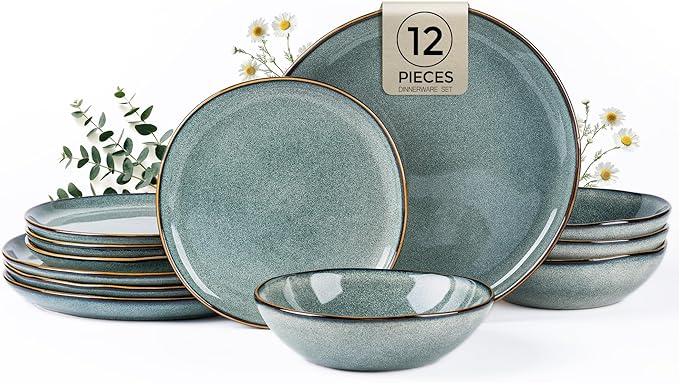 AmorArc Ceramic Dinnerware Sets,Handmade Reactive Glaze Stonewre Plates and Bowls Sets,Highly Chip and Crack Resistant | Dishwasher & Microwave Safe Dishes Set,Service for 4 (12pc)