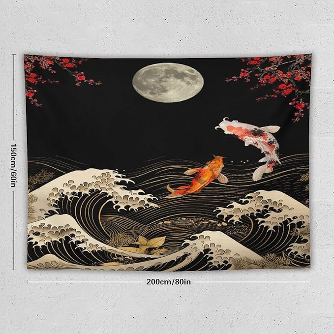 Houselerax Koi Fish Tapestry, Japanese Style Yin Yang Big Wave Cherry Blossom Tapestries Wall Hanging for Bedroom Living Room Office Decor 80"x60"