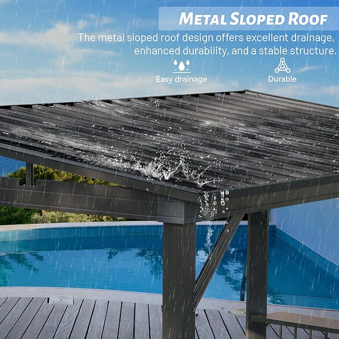 Domi 6.5x12FT Hardtop Grill Gazebo, Outdoor BBQ Gazebo with 2 Side Shelves and Ceiling Hook, Outdoor Grill Canopy with Galvanized Steel Slope Roof for Patio Lawn Backyard Deck, Grey