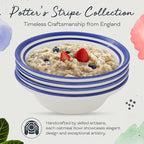 Portmeirion Potter's Stripe Oatmeal Bowl (Set of 4) - Ideal for Porridge, Soup, Desserts - Microwave & Dishwasher Safe Earthenware Bowls, Durable Dishware Collection - Made in UK (Blue Stripe)