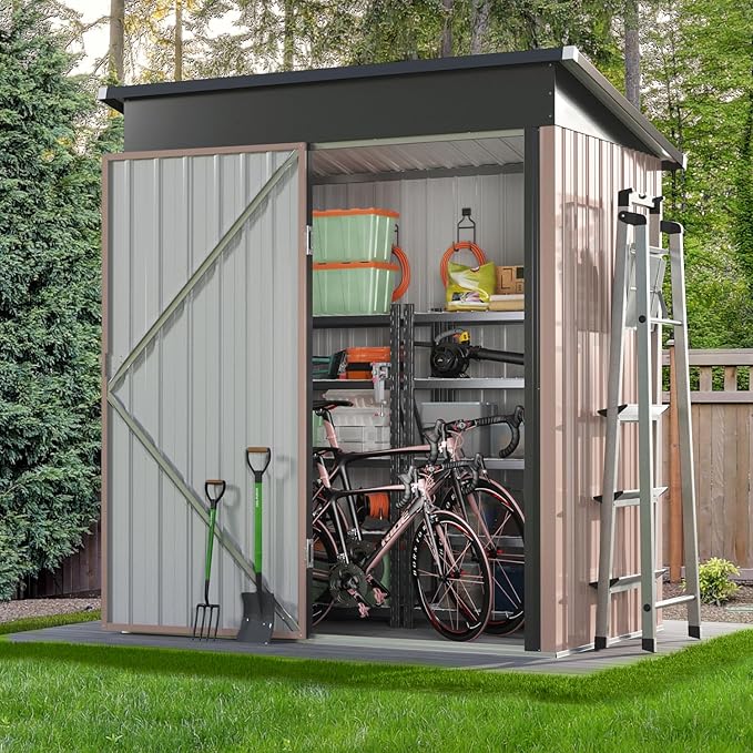 Aoxun 61x32In Outdoor Storage Cabinet Metal Garden Shed, Indoor& Outdoor Waterproof Vertical Storage Shed for Patio Garden, Garage, Porch (Brown, 80 Cu.Ft)