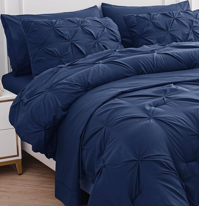 LANE LINEN Twin XL Comforter Set, 5 Piece Twin XL Bedding, Pintuck Twin XL Bed in a Bag, Twin XL Bedding Comforter Sets, Twin XL Bed Comforter Set with Sheets, Pillowcase & Sham, Bed Set - Navy Blue