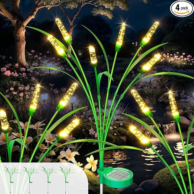 4 Packs Reeds Solar Garden Light, 30 Inch Garden Solar Light with 24 Bulbs, Intelligent Light Control System, IP65 Waterproof, Outdoor Solar Light for Decorating Yard, Pathway(Warm Color)