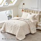 6 Pieces Tufted Bed in a Bag Twin Comforter Set with Sheets Beige, Soft and Embroidery Shabby Chic Boho Bohemian Design, Luxury Solid Color with Diamond Pattern, Jacquard Tufts Bedding Set for Kids