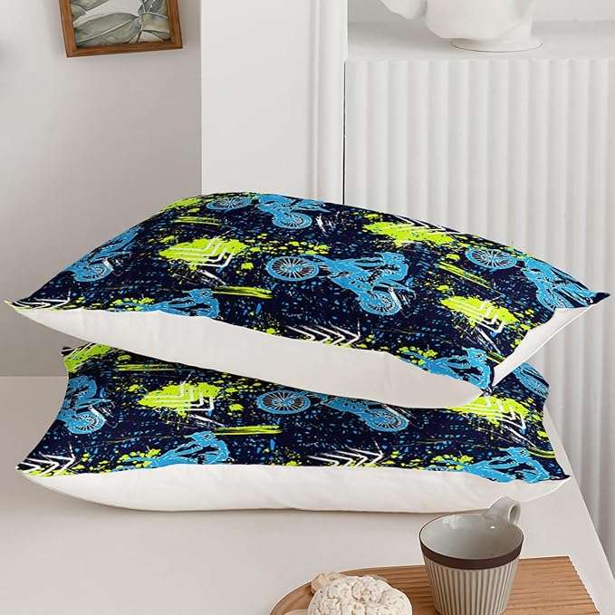Axolotl Boys Dirt Bike Bedding Set Full,Dirt Bike Comforter Set,Extreme Sports Tie Dye Bedding Set Motor Biker,Motocross Rider Comforter Set for Boys Kids Teens Men,1 Quilt 2 Pillowcases,Blue Green