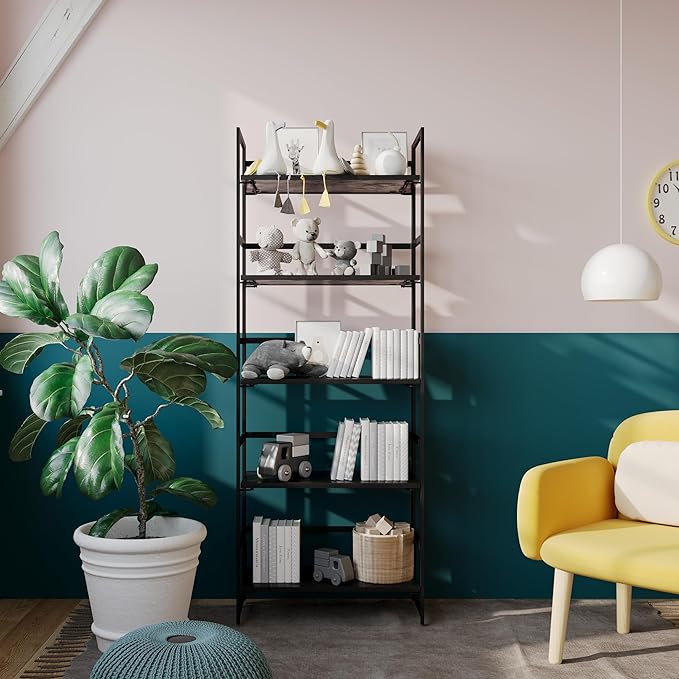 No-Assembly Folding Bookshelf Storage Shelves 5 Tiers Vintage Multifunctional Plant Flower Stand Storage Rack Shelves Bookcase for Home Office (All Black)
