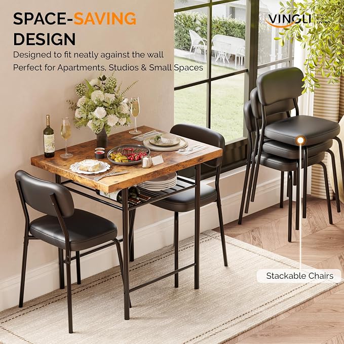 VINGLI Dining Table Set for 2, Small Kitchen Table Set with Upholstered Chairs, 3-Piece Dining Set with Storage Rack, Wood Dining Room Set with Metal Legs for Small Spaces, Living Room, Rustic Brown