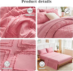 7 Pieces Tufted Bed in a Bag Queen Comforter Set with Sheets Pink, Soft and Embroidery Shabby Chic Boho Bohemian, Luxury Solid Color with Diamond Pattern, Jacquard Tufts Bedding Set for All Season