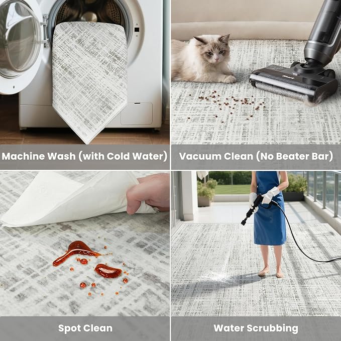 4x6 Washable Area Rug for Living Room Bedroom: Non-Slip Modern White Gray | Machine Washable TPR Backing, Stain-Resistant Low Pile, Pet & Kid Friendly, Abstract Decor for Dining Room, Dorm, Home Office