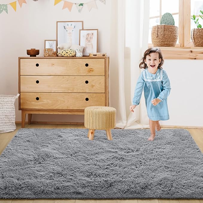 Super Soft Fluffy Shaggy Rugs 3x5 Feet for Living Room Bedroom, Fuzzy Plush Area Rugs for Girls Kids Room Nursery Home Decor, Furry Dorm Throw Rug Non-Slip Indoor Floor Carpet, Grey