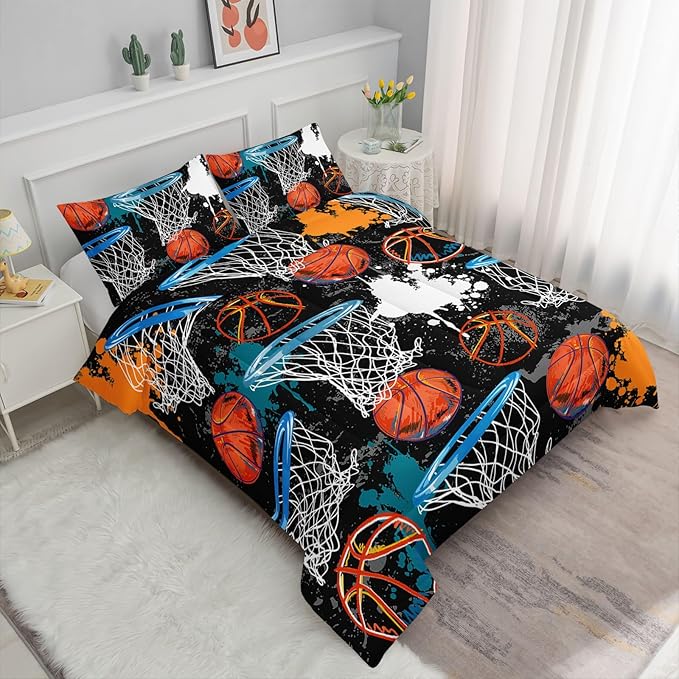 Axolotl Basketball Comforter Set Twin,Sports Comforter Set,Basketball Bedding Set,Sports Theme Comforter Set,Grunge Bedding Aesthetic Cool Style for Boys Kids Men,1 Quilt 2 Pillowcases,Black Blue