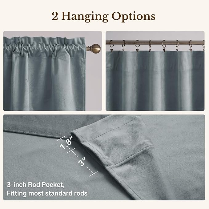 Stone Blue Velvet Window Valance Scalloped 52x18 Inch 1 Panel | Soft Wavy Blue Scalloped Curtains for Small Windows, Modern Window Treatment for Bathroom, Laundry, RV