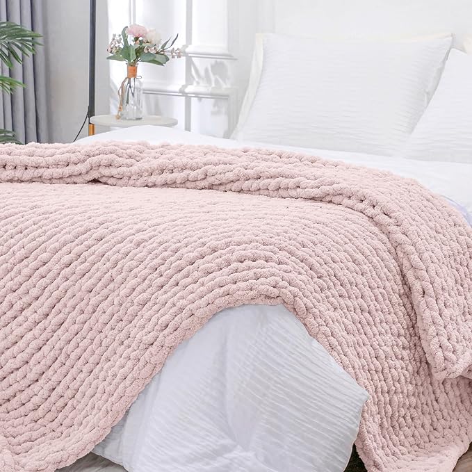 Bigacogo Chunky Knit Throw Blanket for Couch, 40x80 inches, 100% Hand Knitted with Thick Jumbo Chenille Yarn, Cozy Soft Large Rope Knot Cable Crochet Blankets for Sofa Bed Living Room, Rose Tan