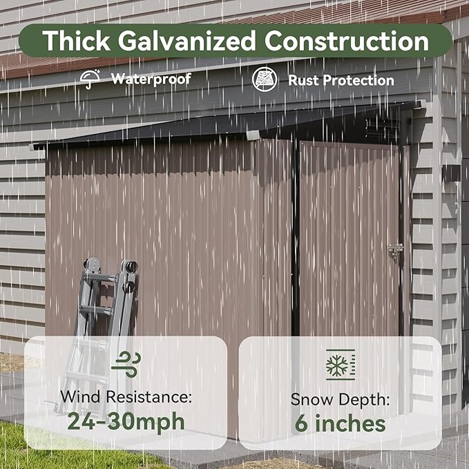 6'x4' Lean to Shed Galvanized Steel Storage Sheds with Side Door Waterproof Utility Shed with Sloped Roof for Mower, Bike, Garden Tools (Brown)