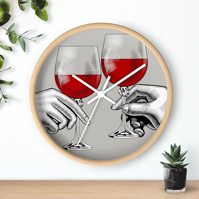 Mozingo ~ Wine Clock for Kitchen Bar Wall It's Wine O'clock Silent Time Gift Home Decor Made In USA, 10" (Hour Marks - None, Clock Frame Color - Natural Wood, Wine Theme #04)