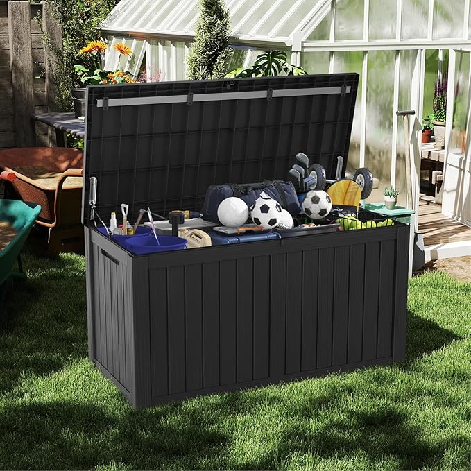 Mars Villa Deck Box, Waterproof and Weatherproof Large Resin Storage Bin with Lockable Lid, Ideal for, Outdoor, Patio Furniture Cushions, Pool Supplies, Garden Tools (150 Gallon, Black)