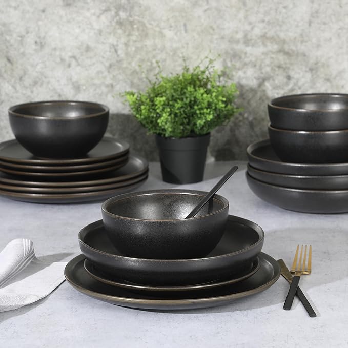Gibson Elite Beckett Stoneware Matte Reactive Glaze 16 Piece (Service for 4) Plates and Bowls Dinnerware Set - Black