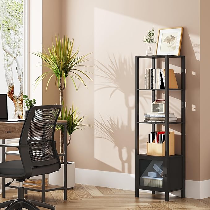 TUTOTAK 5 Tier Bookcase and Bookshelf, Narrow Book shelf with Door for Small Space, for Living Room, Office, Study, Entryway, Black BS03BK005