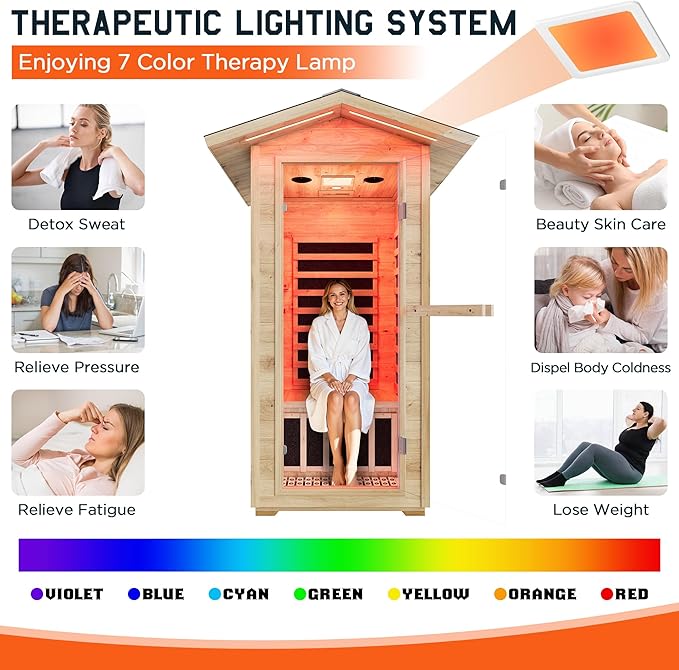 Albott Outdoor Sauna 1 Person, Infrared Saunas for Home, Low EMF 1245W/110V Spruce Wood Dry Sauna with Tourmaline Stone Foot Warmer, 7-Color Light Therapy & 2 Bluetooth Speakers, 33.5"x35.4"x78.7"
