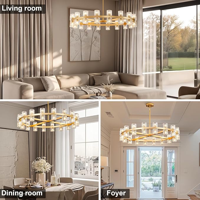 Modern 36" Gold Round Chandelier Light Fixture, K9 Crystal Chandeliers for Dining Room, Living Room, Dining Room Chandeliers Over Table, Chandelier for Bedroom, Foyer, Includes 36XG4 Bulbs
