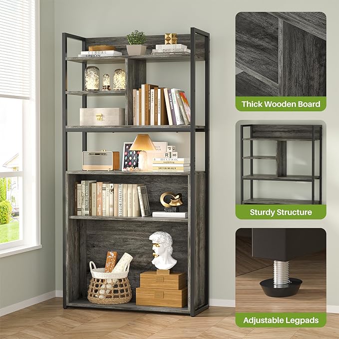 armocity Industrial Bookshelf, 6 Tier Tall Bookshelves Wood Metal Frame Standing Bookcase, Display Book Shelf with Adjustable Storage Shelves for Home Office, Living Room, Bed Room, Grey Oak