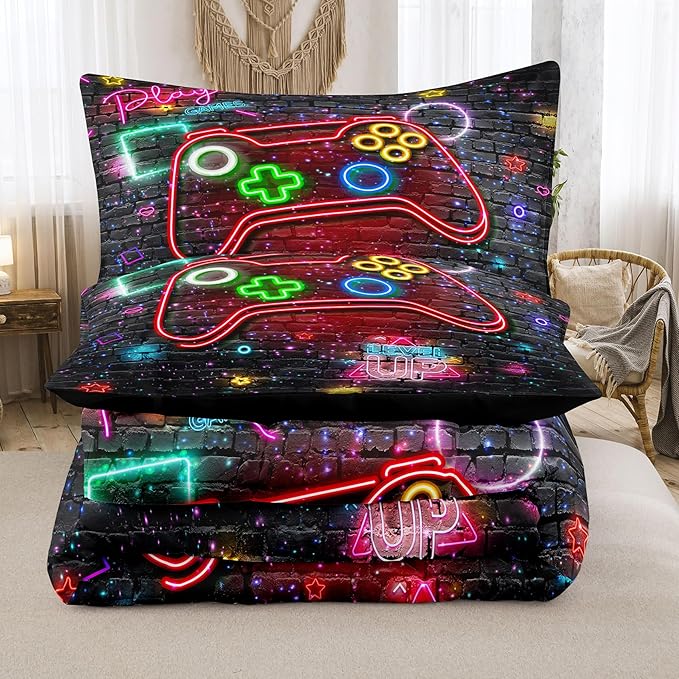 NINENINE Gaming Bedding Sets for Boys 5PCS Queen Size Gamer Comforter Gampad Contoller Video Kids Teens Black Bedding Comforter Sheet Set(1Comforter, 1Flat Sheet, 1Fitted Sheet, 2Pillowcases)