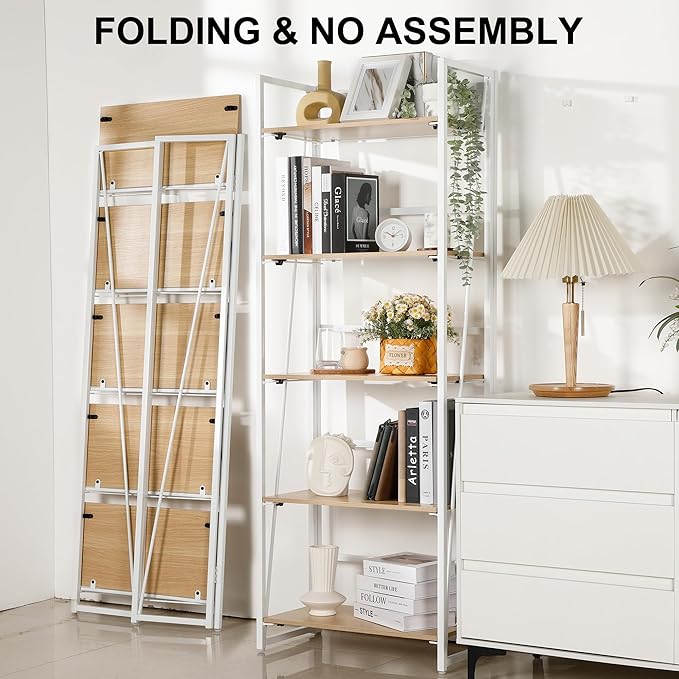 No-Assembly Folding Bookshelf Storage Shelves 5 Tiers Foldable Vintage Multifunctional Plant Flower Stand Storage Rack Shelves Bookcase for Home Office, White