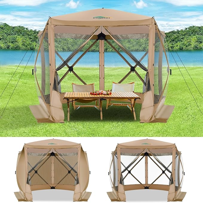 COBIZI 10x10 Pop up Gazebo Screen House Tent for Camping, Pop-up Camping Canopy with Sidewalls, Portable Outdoor Quick-Set Hub Tent with Carrying Bag&Ground Stakes, Khaki(Upgraded 2.0)