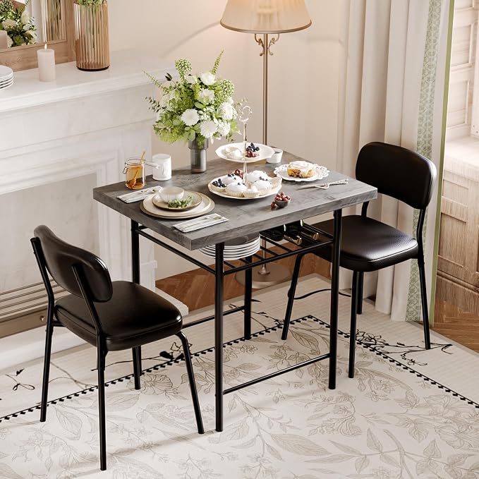 VINGLI Dining Table Set for 2, Small Kitchen Table Set with Upholstered Chairs, 3-Piece Dining Set with Storage Rack, Wood Dining Room Set with Metal Legs for Small Spaces, Living Room, Grey