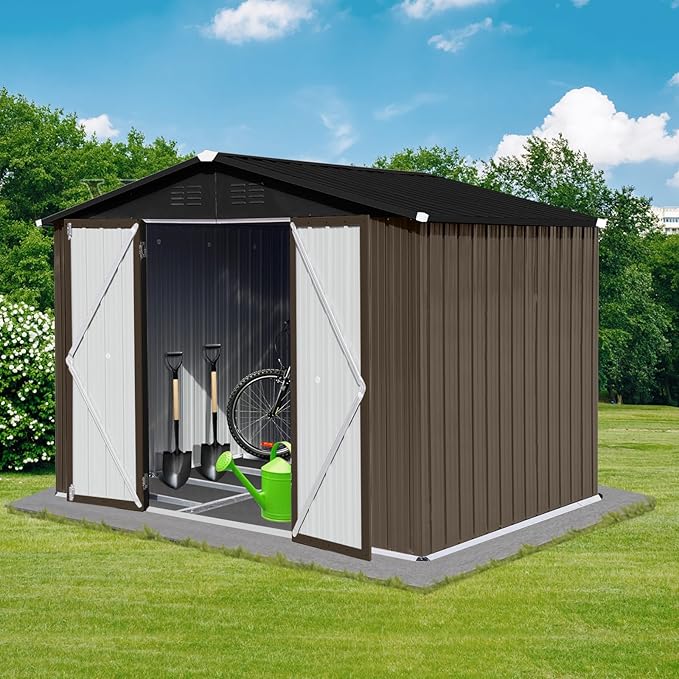 8FT x 6FT Outdoor Metal Storage Shed with Apex Roof - Heavy Duty Steel Garden Shed with Hinged Door & Built-in Vents, Includes Free Padlock for Secure Tool & Equipment Storage (Easy Assembly)