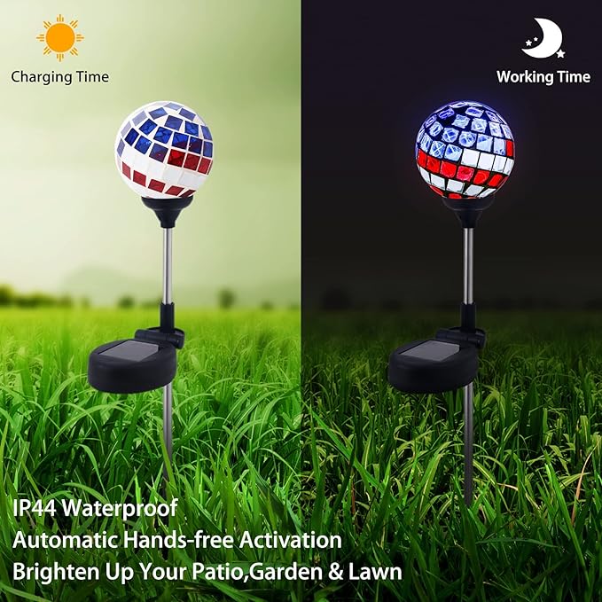 WNP Solar Powered Outdoor Garden Light Stakes Decoration, Mosaic Globe 4th of July Stake Solar Light for Patio Pathway Yard Decor, Waterproof Solar Glow Glass Ball Lights