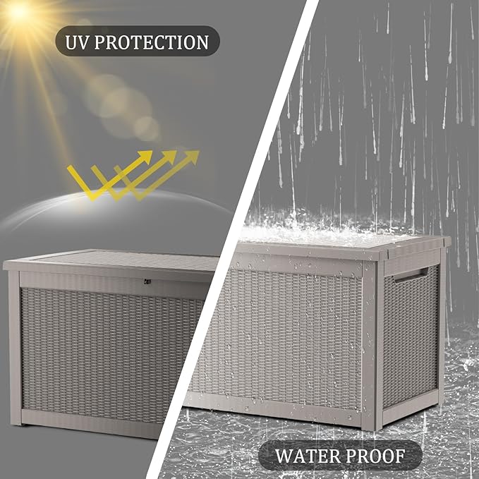320 Gallon Waterproof Deck Box, Lockable Resin Storage Box for Patio Furniture Cushions Garden Tools and Outdoor Delivery Storage, Coffee