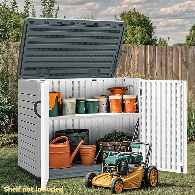 DWVO Outdoor Storage Shed, Weatherproof Resin, 35 Cu Ft Capacity, Horizontal Design, X-Shaped Lockable Door, Suitable for Bike, Garden Tools, Trash Cans, Light Gray