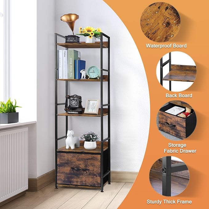 5 Tier Bookshelf with Storage, Bookcase with Drawers, Storage Shelves for Living Room / Home Office, Wood Shelves & Metal Shelf Organizer, Book Shelf for Bedroom, Tall & Ladder Bookshelf, Brown